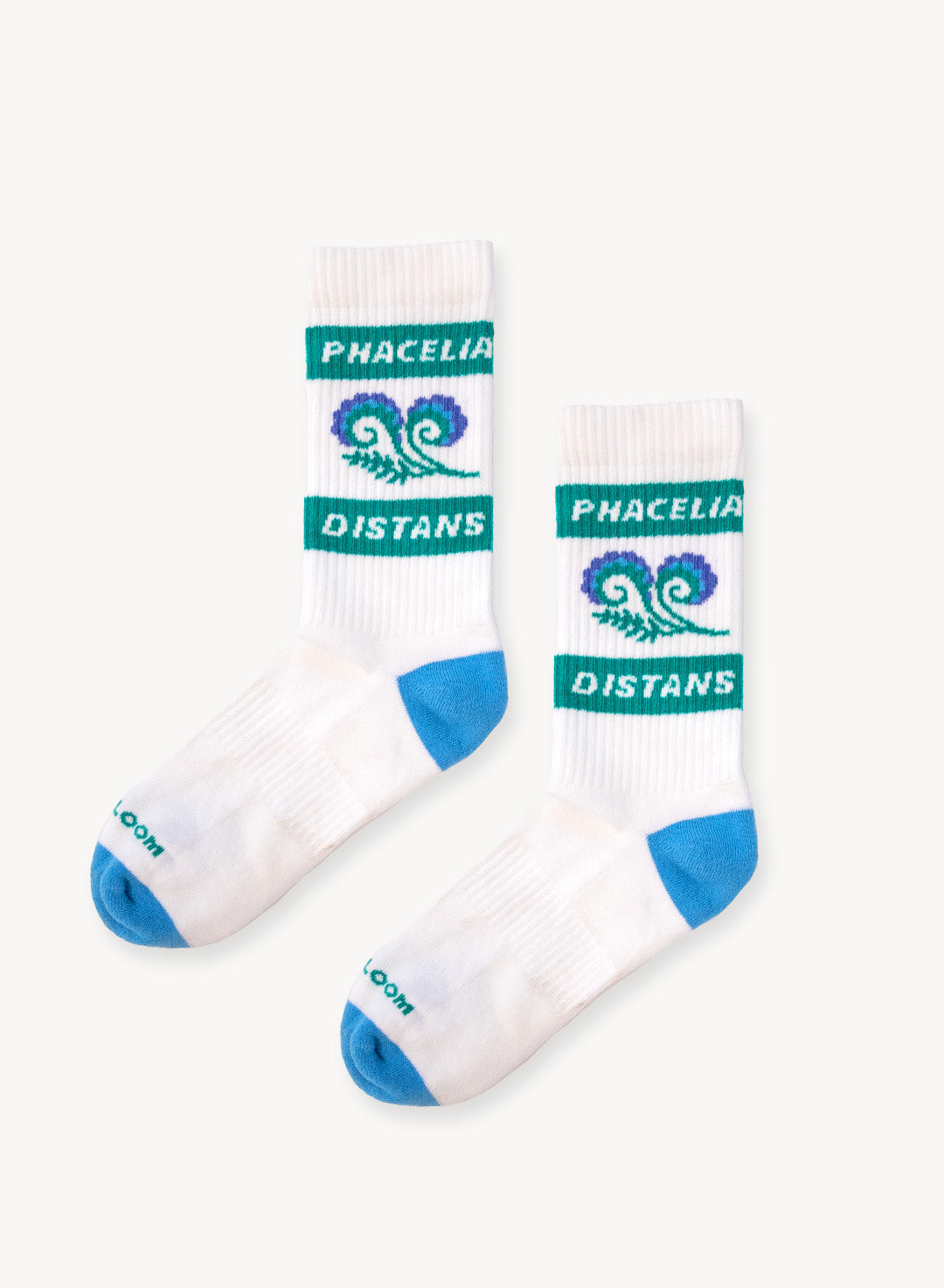 Unfurling flowers of Phacelia distans w/ two green stripes with text that reads: phacelia distans. Blue accents at the heel and toes. Text on both toes reads: Superbloom.
