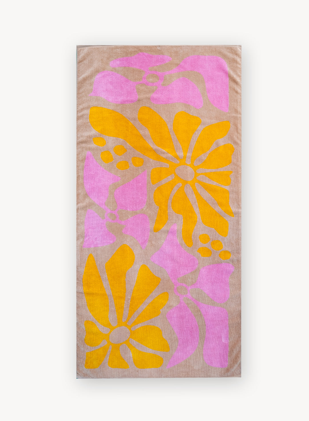 Abstract artwork of flowers Helianthus annuus and Clarkia unguiculata. Designed by Lesley Goren. Background color is tan with yellow sunflowers and pink clarkias.
